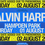 Calvin Harris blue graphic with white text and yellow banner mentioning extra date